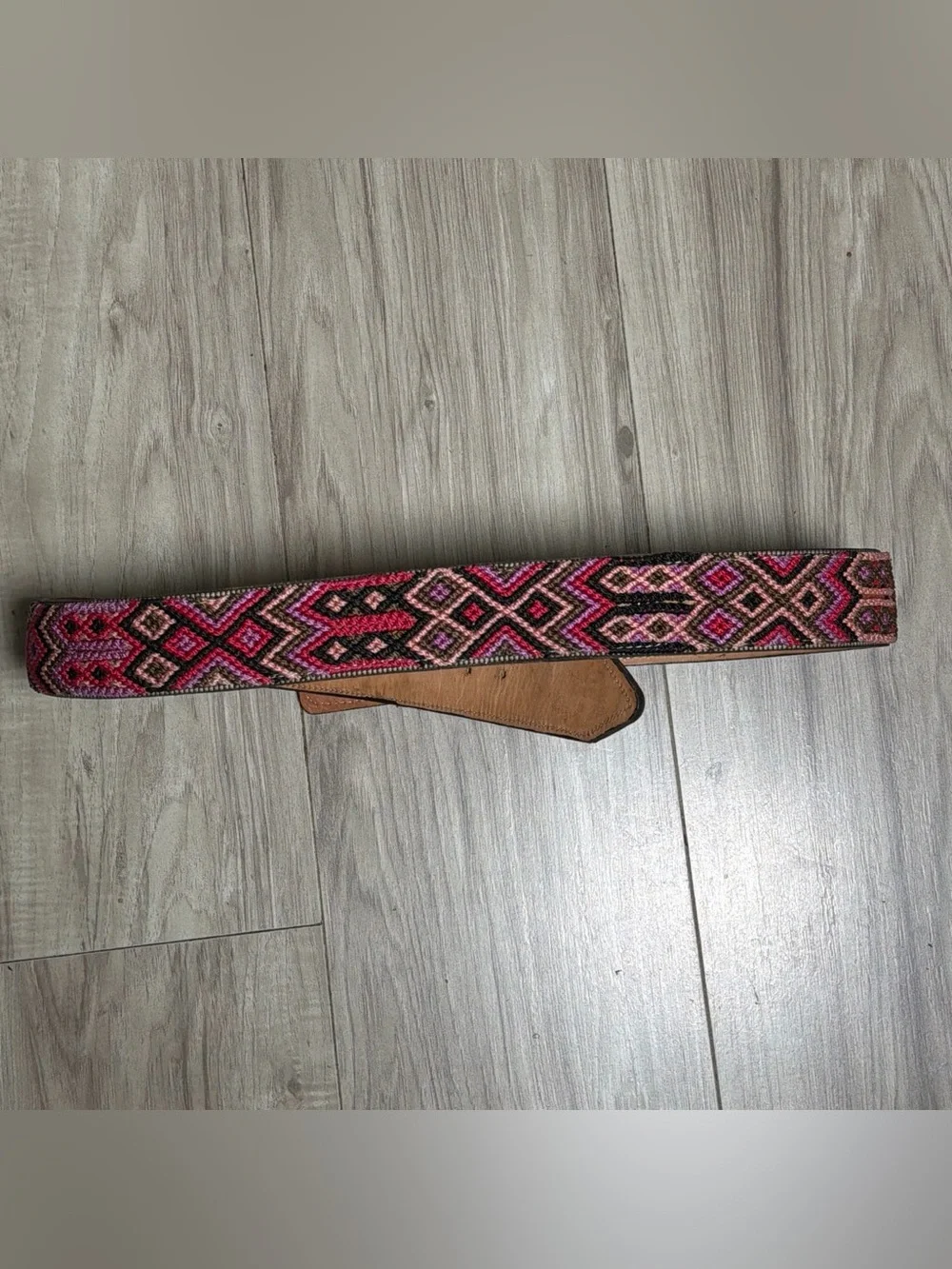 Handcrafted Brown Leather and Pink Woven Belt